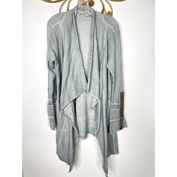 Soft Surroundings Cadence Thermal Cardigan Top Embroidered Cuff Gray Waffle L - Picture 7 of 8